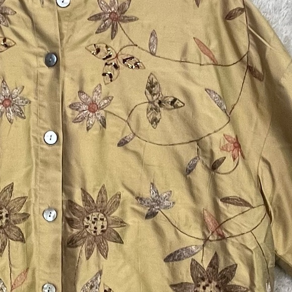 100% Silk Embroidered Button Up Shirt Jacket Stand Collar Sz M Floral Beaded - Picture 3 of 14